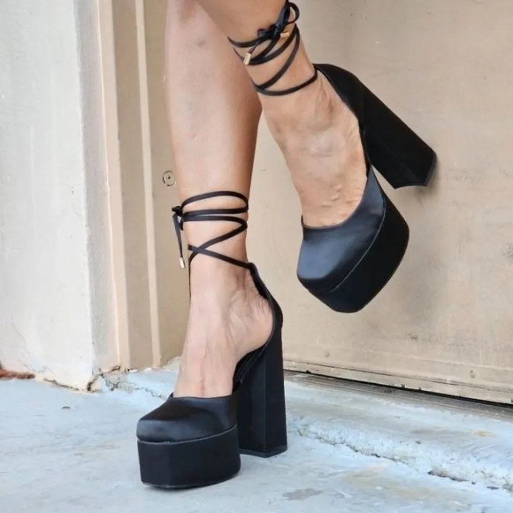Womens Satin Platform Chunky Lace Up Heels Black Color - Picture 2 of 7